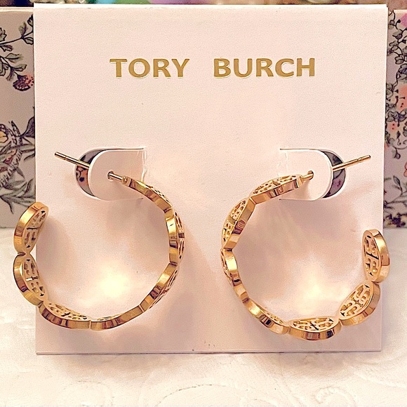 Tory Burch small gold multi logo hoop earrings - Picture 2 of 9